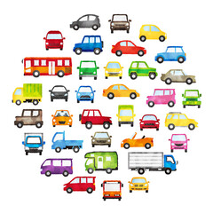 水彩風のカラフルな車と乗り物アイコンギャラリーセット（正面・側面）
