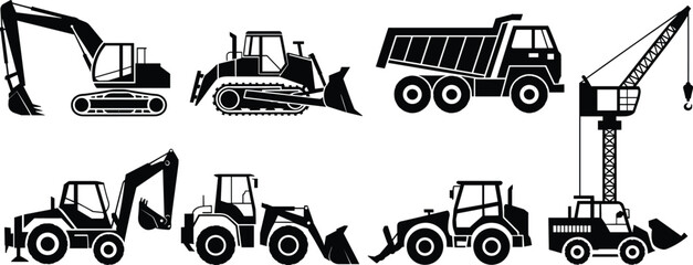 Construction Machinery Silhouette Set with Excavator, Bulldozer, Dump Truck, Loader and Crane Isolated on White Background Vector Illustration © Itz Rakib