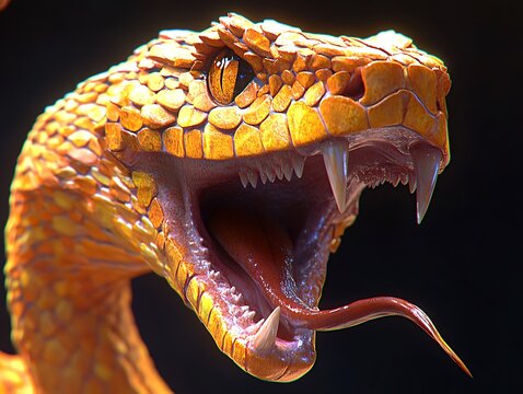 Golden Snake with Open Mouth, Fangs, and Tongue in Aggressive Stance