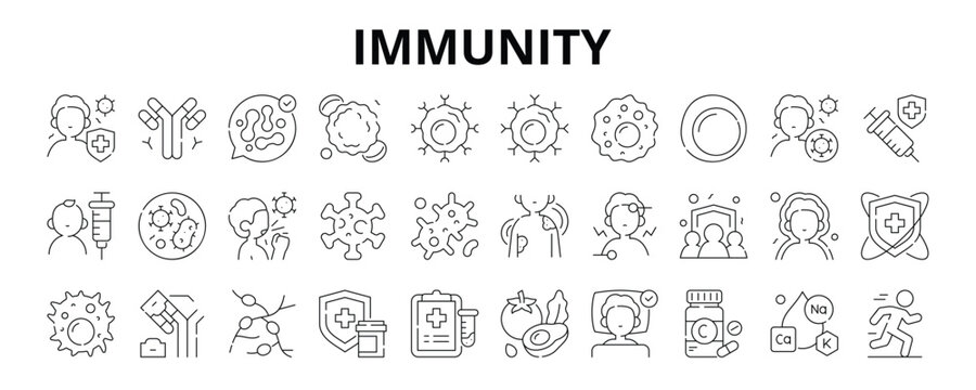 30 Immunity Line Icons Vector - Antibodies, Antibodies, Probiotics, T Cell, B Cell, Pathogen, Vitamin, Lymphocyte
