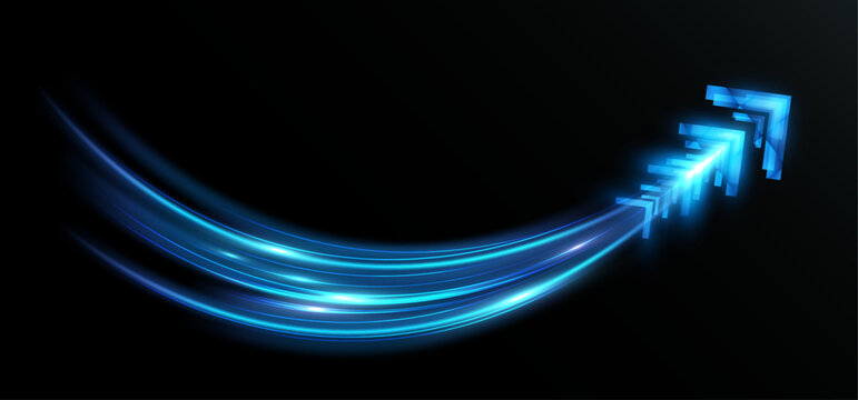 Light blue glowing arrow made of dynamic light trails, symbolizing direction, growth and forward movement in a digital space.
