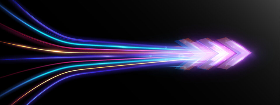 Bright futuristic arrow composed of multicolored light trails streaming forward, symbolizing speed, direction, innovation and rapid digital transformation.
