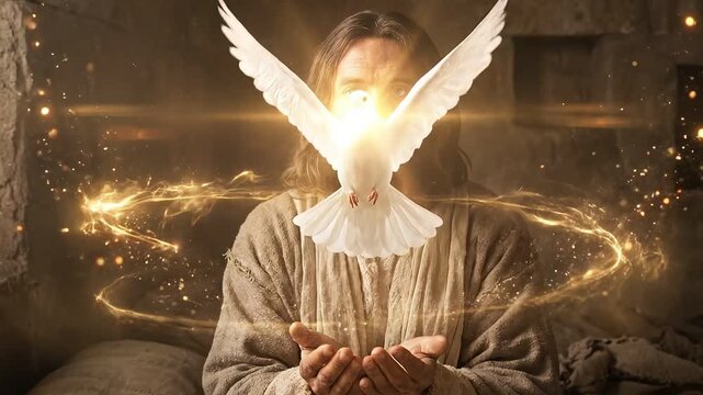 Mystical portrait of Jesus with glowing dove and sparks
