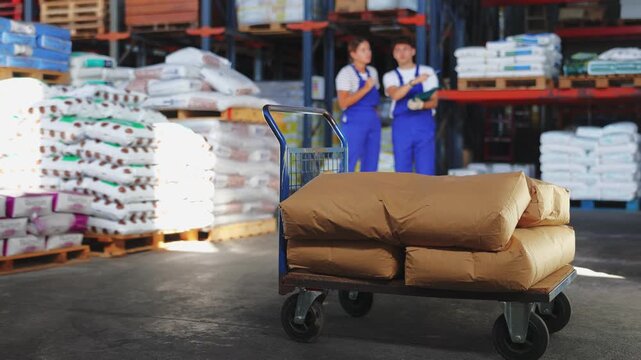  Cargo cart loaded with bags stands against backdrop of warehouse