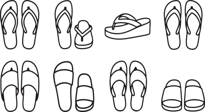 Variety of flip flops and sandals in black and white line art Vector