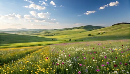 Fototapeta premium Blooming wildflower field in mountain hills with a green meadow and blue sky.
