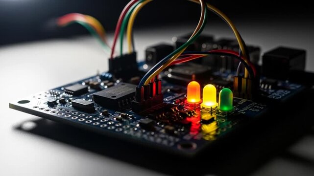 Circuit board with colorful LED lights and wires in modern electronics setup