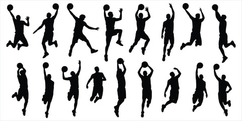 Silhouettes of basketball players in various dynamic jumping and shooting poses Keywords: basketball, player, silhouette © rayhan039