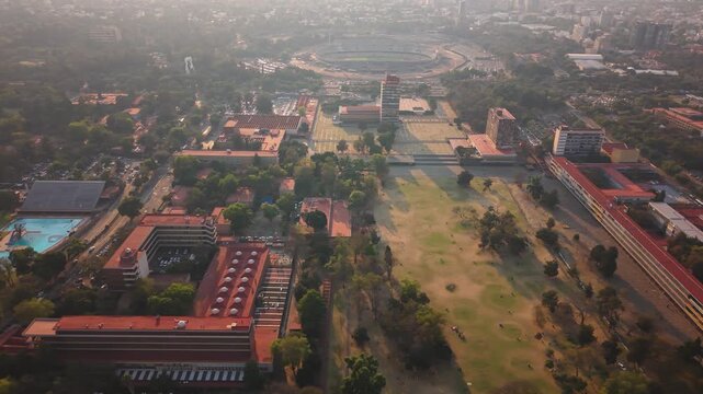 Sunny aerial shot of institutional buildings in CDMX