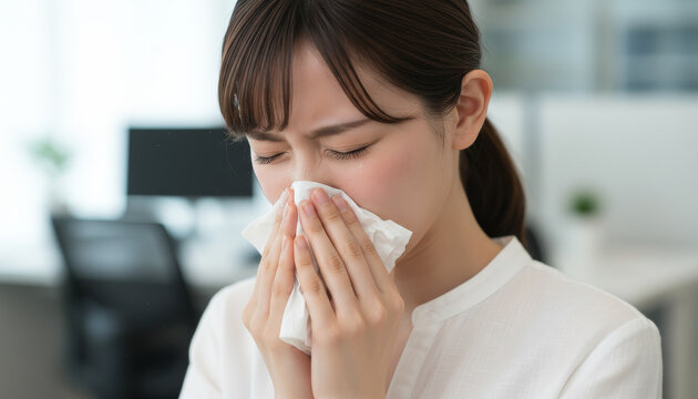 ティッシュで鼻をかむ女性：花粉症や風邪の症状で鼻をかむ若い女性の表情