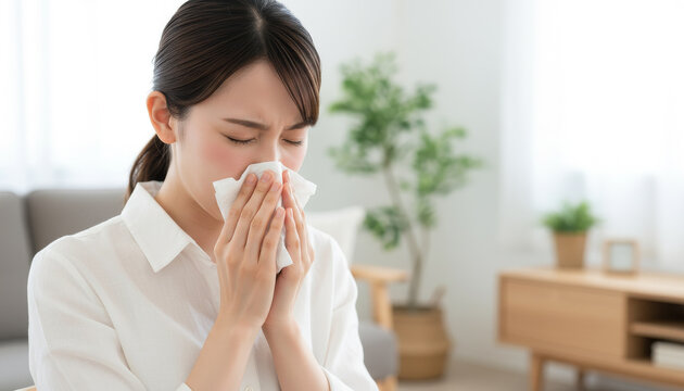 ティッシュで鼻をかむ女性：花粉症や風邪の症状で鼻をかむ若い女性の表情