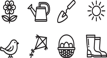 A collection of gardening icons representing various tools and elements of nature Vector