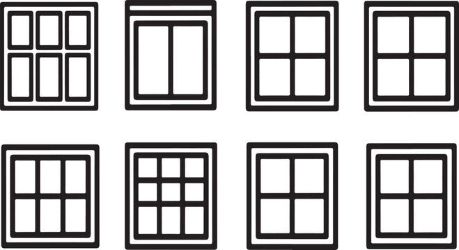 A collection of various window designs and styles in a simple black and white illustration Vector