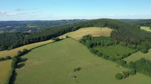 Aerial view of lush green fields and dense forests in the Morvan countryside, Burgundy region, France, on a clear summer day.