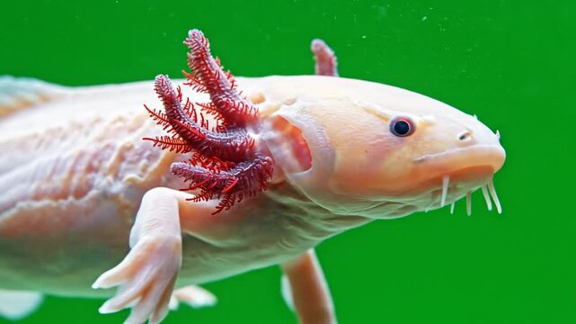 Close-up of a pinkish-white axolotl with prominent red feathery gills swimming in water against a vibrant green background.
