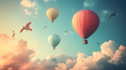 Fototapeta premium Serene sky scene featuring three colorful hot air balloons (red, white, and blue) gently floating amidst fluffy clouds, accompanied by seagulls in flight. Abstract Boho Style. Perfect stock photo.
