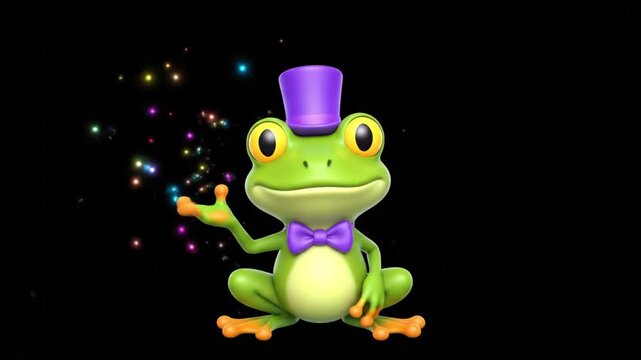 A dancing frog wearing a top hat and bow tie performs a lively magic show