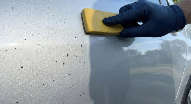 Detailing car paint with yellow clay bar to remove tar