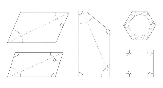 Geometry diagram showing various parallelograms and polygons with angles and lines marked