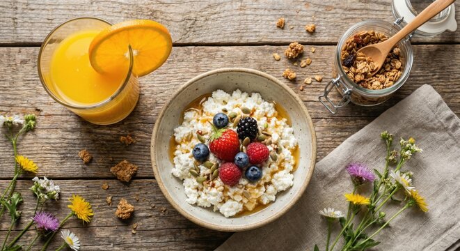 Healthy breakfast bowl with cottage cheese, berries and juice