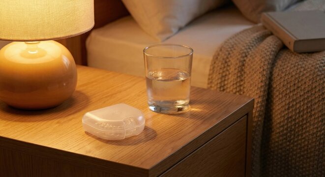 Aligner case and glass of water on wooden bedside table