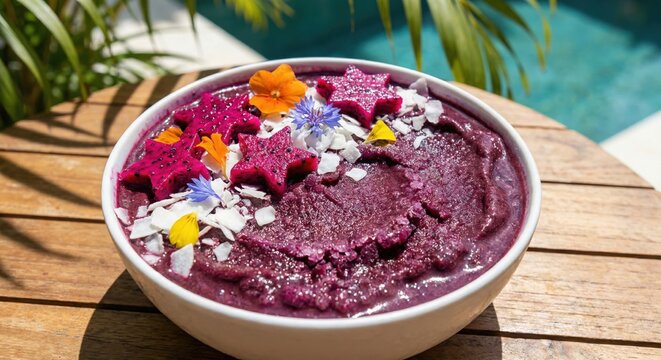Healthy acai bowl with tropical fruit on wooden table
