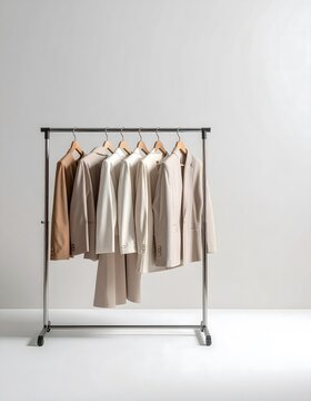 Perchero minimalista con ropa en tonos beige y blanco