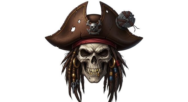 Pirate skull wearing a brown pirate hat with a red band and a small skull on top isolated on transparent background