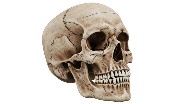 A realistic human skull model with cracked texture and exposed teeth isolated on transparent background