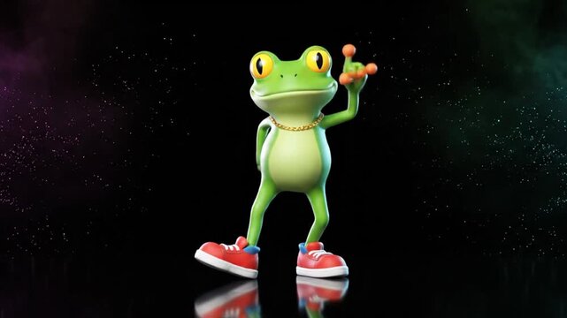 A dancing frog wearing red sneakers performs a choreographed routine in a dark, mystical environment