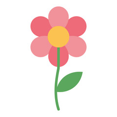 Cute pink flower with yellow center on a green stem with leaf, vector illustration.