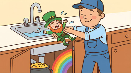 A cheerful plumber pulls a laughing leprechaun from a kitchen sink where rainbow is rising