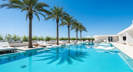 Luxury Resort Swimming Pool with Palm Trees and White Lounge Chairs Under Clear Blue Sky