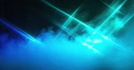 Dramatic lighting effects over fog. Bright blue beams cut through darkness, creating futuristic scene. Intense energy radiates from center.