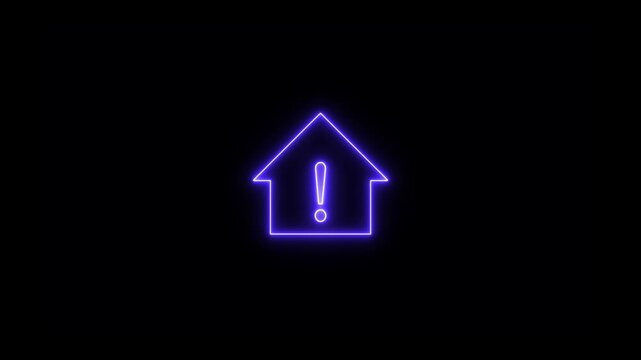 Animated neon line warning icon with a house inside on black background. Abstract home and exclamation icon. Neon warning concept.
