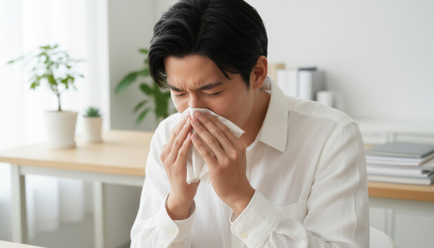 ティッシュで鼻をかむ男性：花粉症や風邪の症状で鼻をかむ若い男性の表情