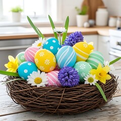 Colorful decorative eggs and spring flowers arranged inside a woven nest centerpiece on a rustic table