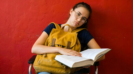 Frustrated Student in glasses Studying from Textbook Sitting Against Red Wall With Yellow Backpack and sad bored face