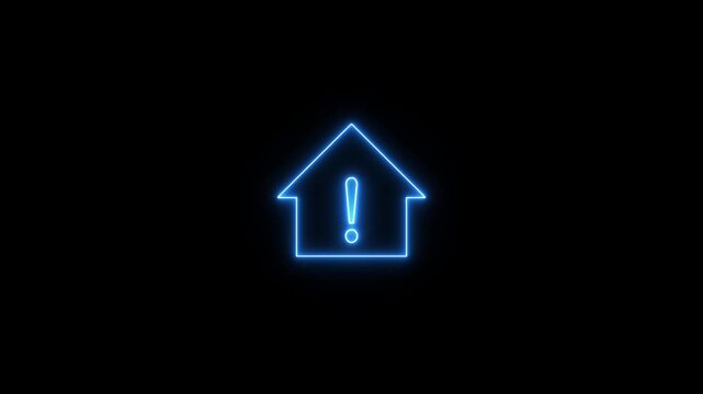 Animated neon line warning icon with a house inside on black background. Abstract home and exclamation icon. Neon warning concept.