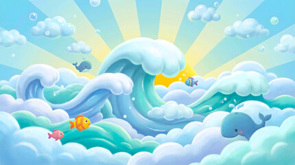 Dreamy Cloud Ocean With Rolling Waves, Whales and Colorful Fish at Sunrise Cartoon Illustration