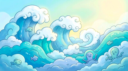 beautiful cartoon light waves with happy sea creatures inside it, cartoon sea background with happy fish inside