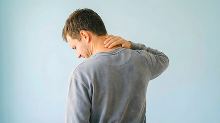 Male adult holding the back of his neck, showing discomfort and neck stiffness
