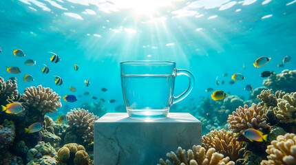 Glass Mug Filled With Water On Pedestal Amid Coral Reef With Sunlight And Tropical Fish