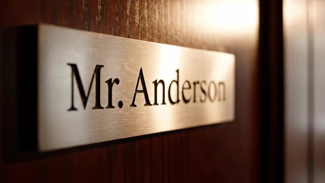 Close up of a Mr. Anderson nameplate on a wooden door.
