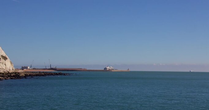 Time lapse shot of cross channel ferry from France entering the port of Dover