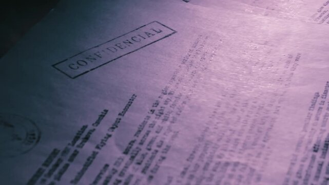 Camera movement reveals sensitive paperwork spread across a workspace illuminated by moody colored lighting. Works for crime, secrecy, intelligence, or investigative storytelling.