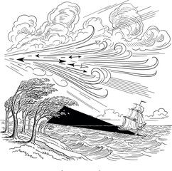 Abstract vector sketch of boat and vintage landscape illustration