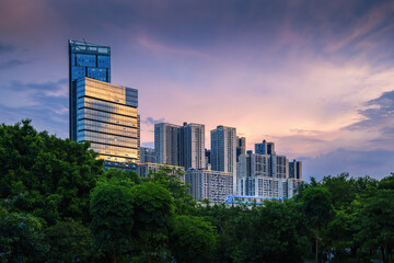 Modern City Skyline with Green Transit and Monorail at Sunset © NguyenNhat