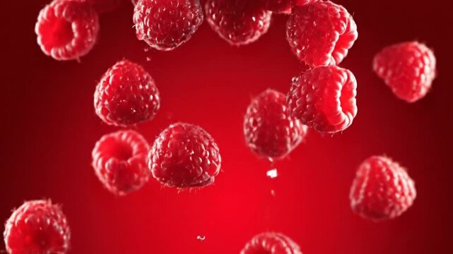 Vibrant red raspberries captured in mid-air, falling and splashing against a rich red background, highlighting their fresh and juicy appeal