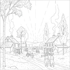 Winter village sketch with trees houses and streets in a vintage landscape